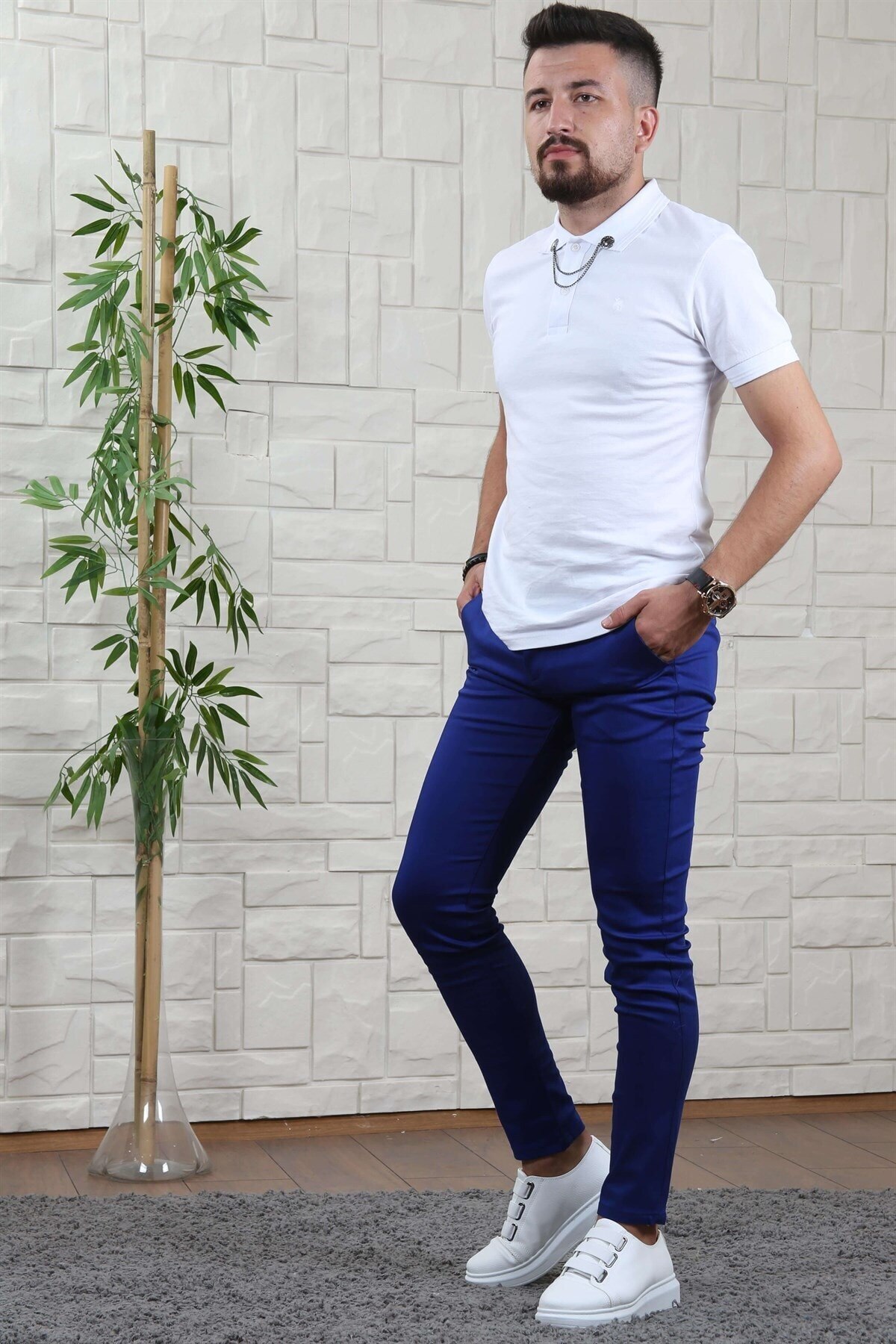 Slimfit Mannen Sax Blauwe Kleur Rechte Stof Broek Slim Lycra Winter Lente Zomer Mannen Mode Kleur Broek Dagelijks