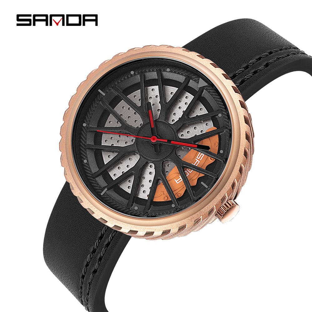 Relojes para hombre, Casual, estilo de rueda de coche, relojes de pulsera creativos para hombre, esfera de rueda de carreras 3D, reloj de cuarzo para hombre, reloj Masculino: Leather gold