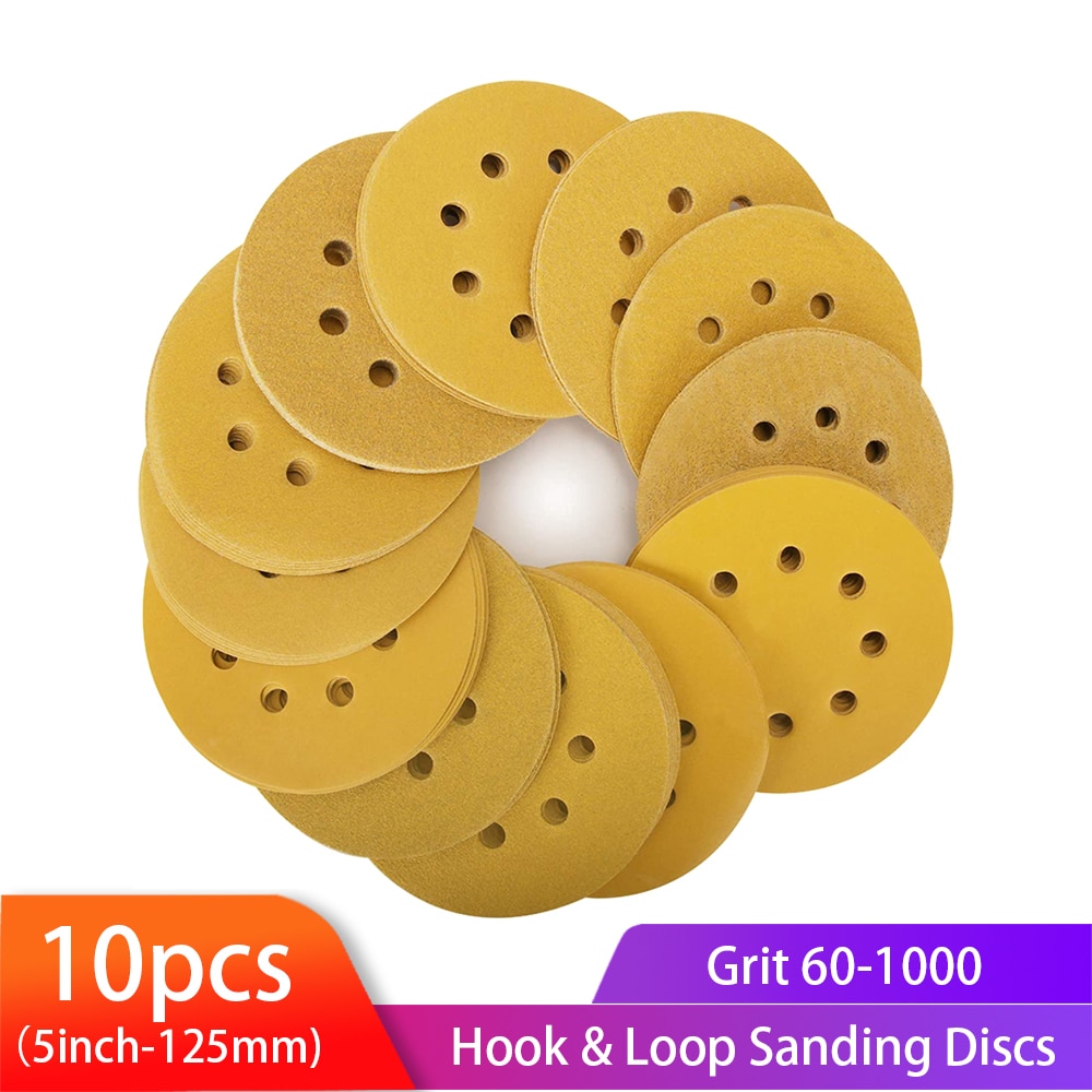 5inch 125mm 8-Hole Sanding Sheet Gold Sanding Discs Hook loop for DA Sander Dry Sand Paper for Woodworking or Automotive