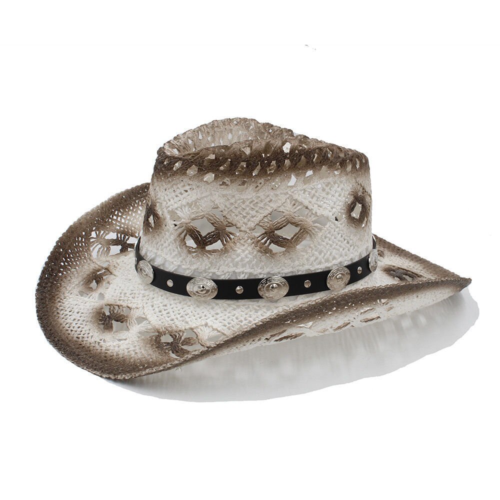 Frauen Männer Western Cowboy Hut Mit Leder Punk Band Handgemachte Webart Strand Sonne Sombrero Cowgirl Hut Größe 58 cm A0066