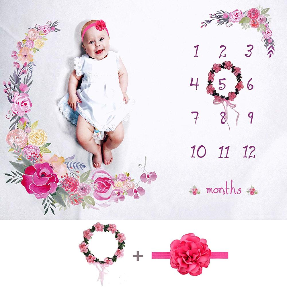 Babyluierdeken voor fotografie, maandelijkse groeimeter, schattige patronen, mijlpaaldeken met bloemenkrans