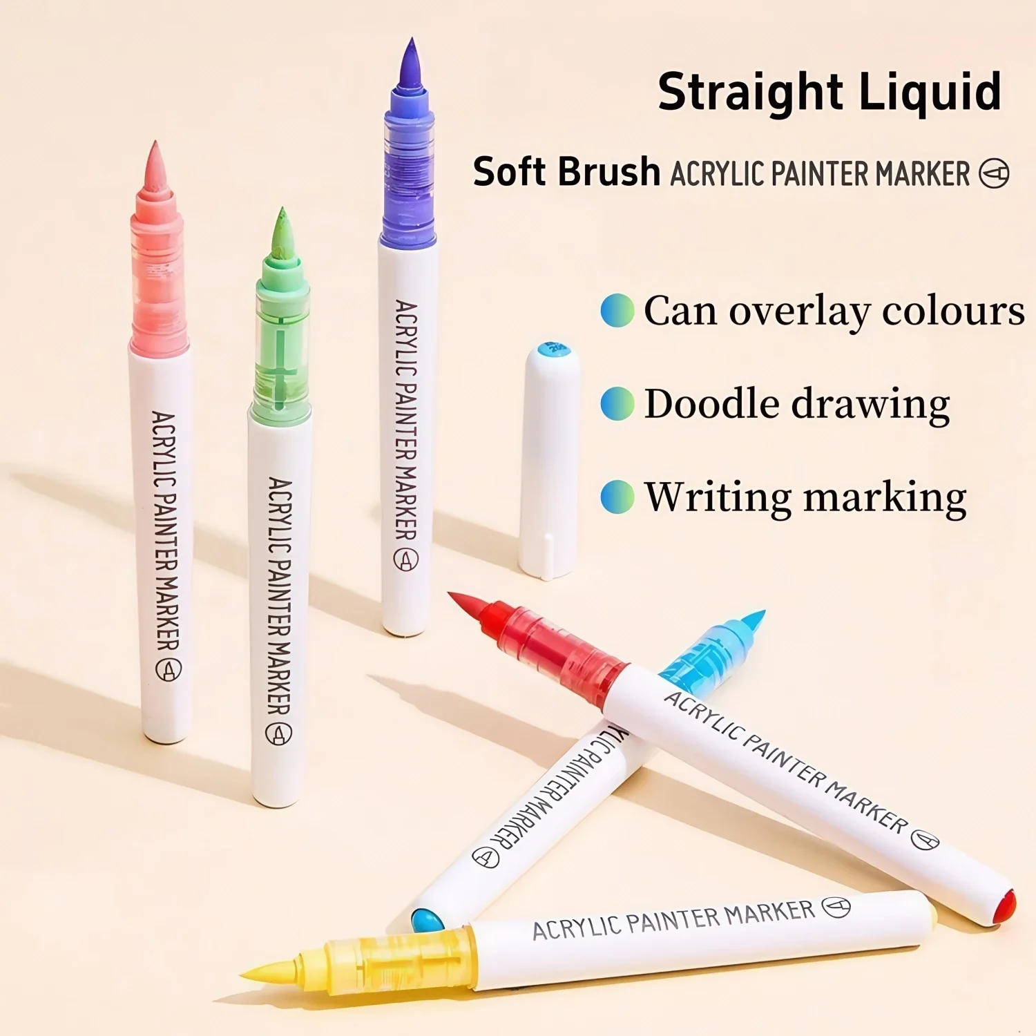 Straight Liquid Acrylic Markers,Soft Brush Tip Acrylic Paint Pens Set,for Rock Painting, Ceramic, Wood, Canvas, Glass, Stone