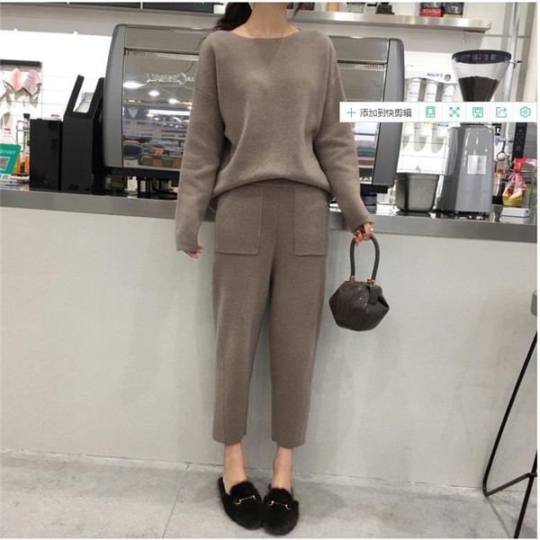 Tom Hagen Autumn Women Suit Warm Cashmere Sport Suit Sweater Two Piece Knitted Set Casual Tracksuit Jogger Set Sweatsuit: coffee / L