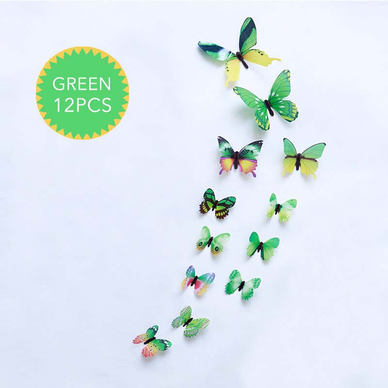 12 pièces lumineux 3D papillon Stickers muraux décor à la maison bricolage lueur dans le noir autocollant autocollant pour enfants chambre décoration de fête de mariage: Green