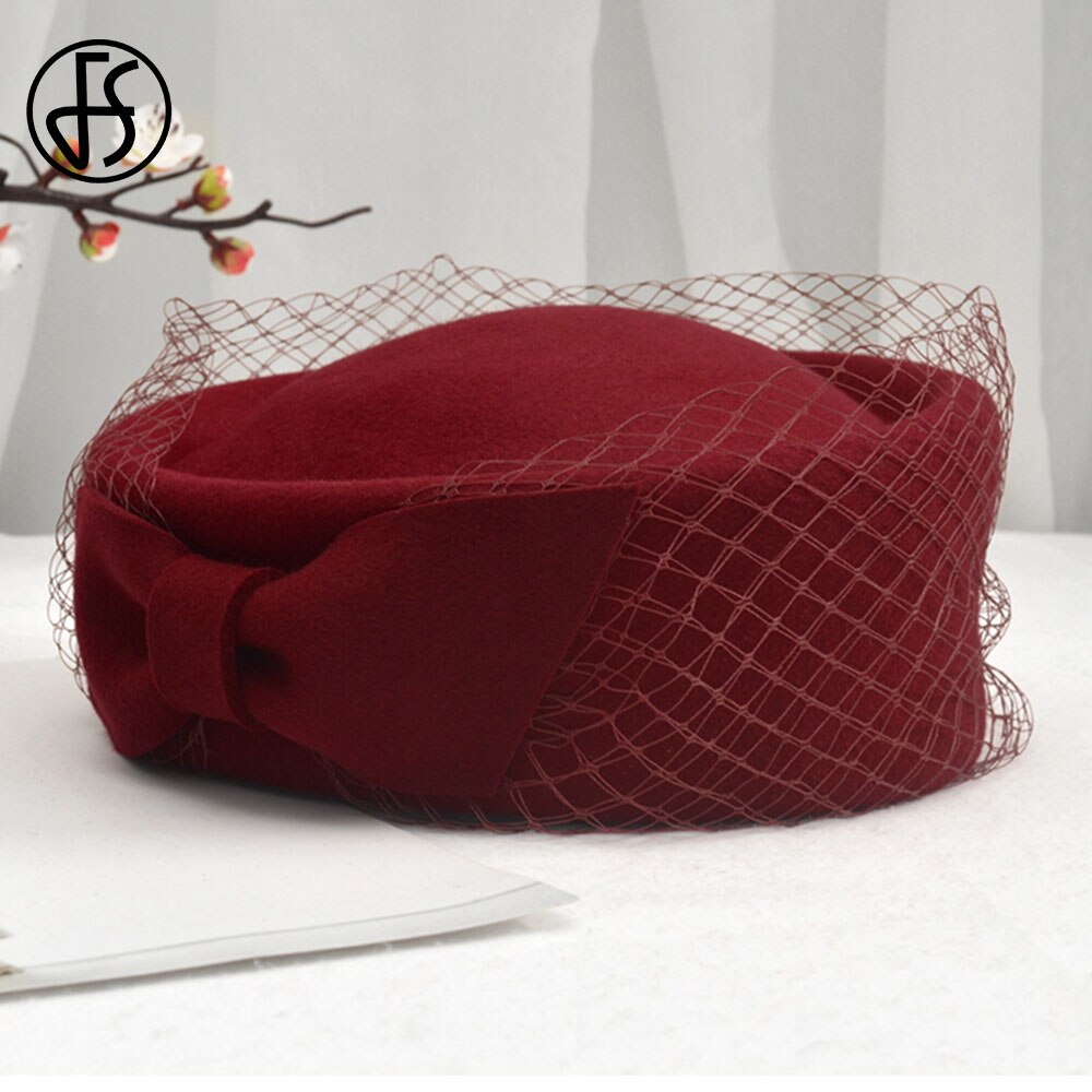 FS British Vintage Bowknot Black Veil Fascinator Hat Women Wool Felt Pillbox Hats Bridal Wedding Party Fedora Church Beret