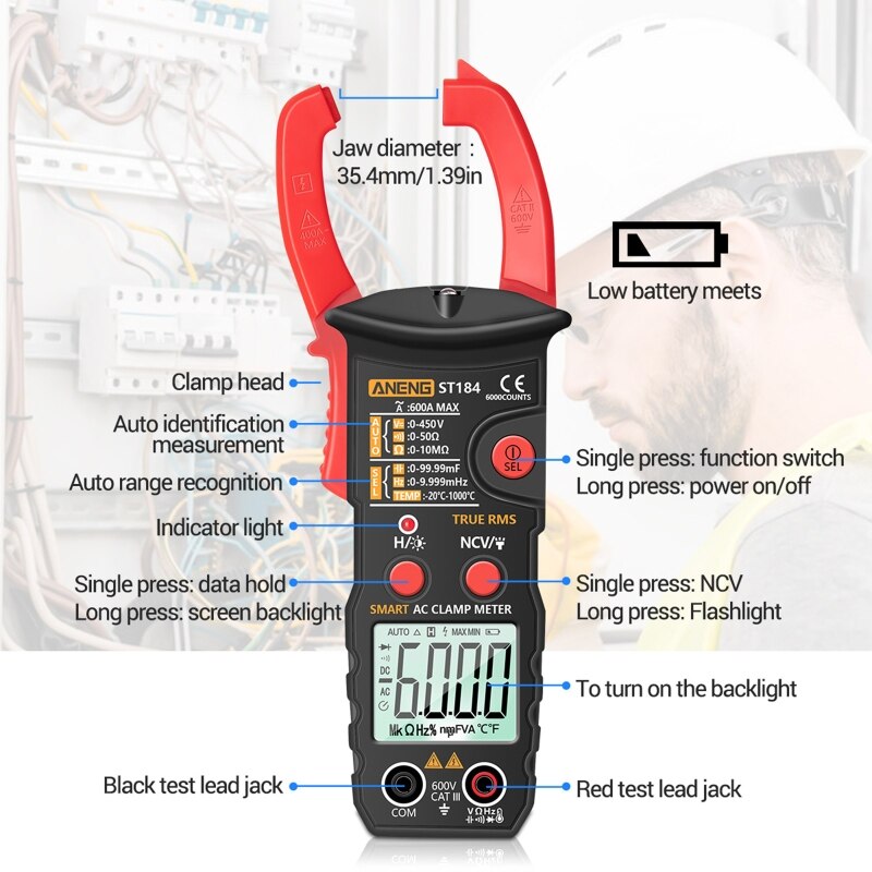 ST184 Digitale Multimeter Stroomtang True Rms 6000 Telt Temperatuur Meten Testers Ac/Dc Spanning Ac Ohm