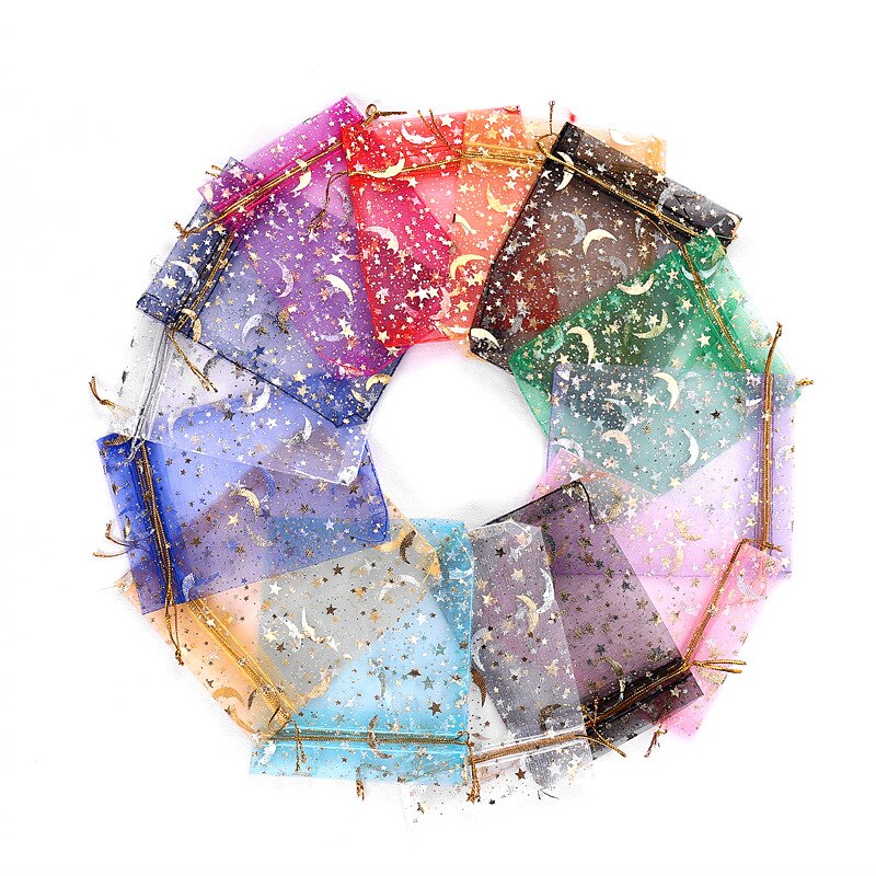 30pcs/lot Moon Star Organza Bags 9*12cm Small Christmas Drawstring Bag Charm Jewelry Packaging Bags & Pouches Candy bag: Mix up colors