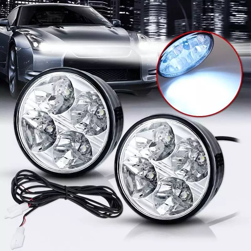 2pcs White 4 LED DRL Round Daytime Running Light Car Fog Day Driving Lamp 12V Plastic Housing Car Daytime Running Light