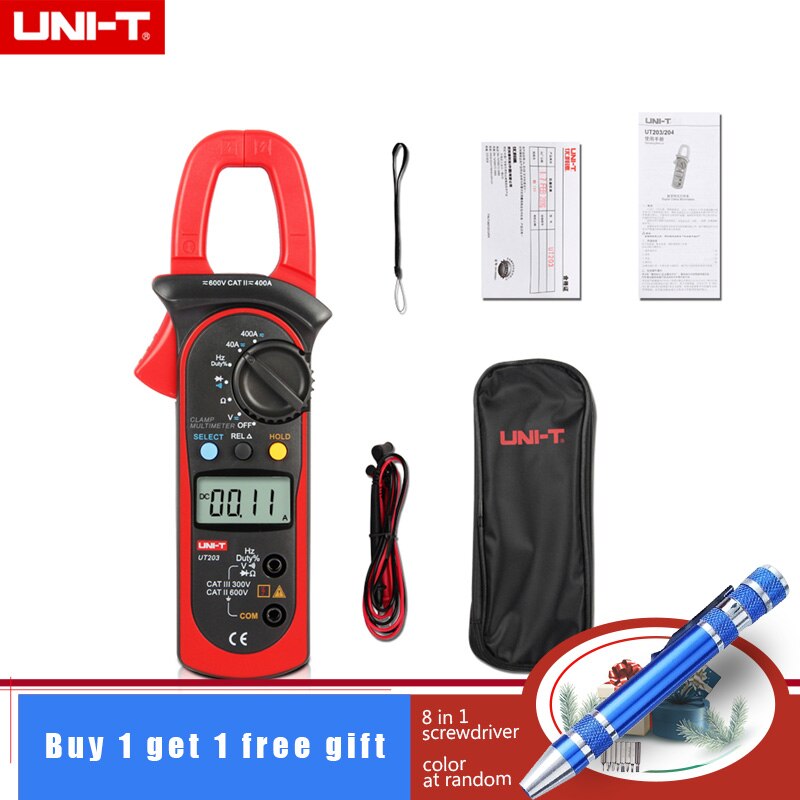 UNI-T UT203 UT 203 Digital Clamp Multimeter 3 3/4 Ohm DMM DC AC Current Voltmeter 40A/400A with 8 in 1 screwdriver