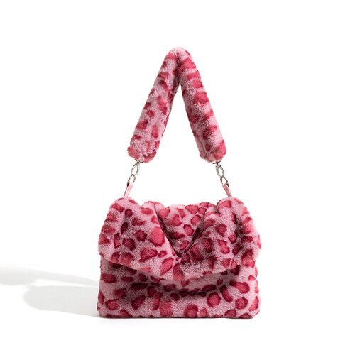 Tassen Handbagsautumn En Winter Handtas Pluche Clamshell Zak Luipaard Print Grote Capaciteit Tote Bag Handtassen: Roze