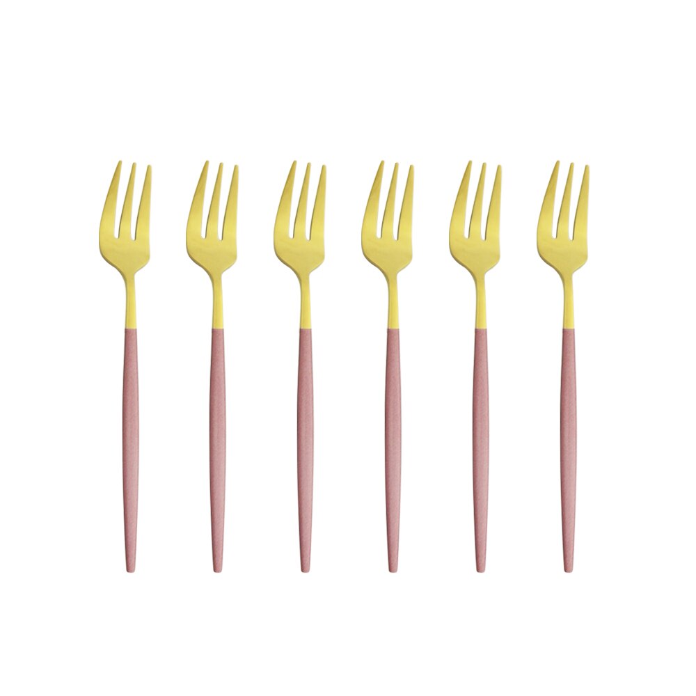 Ensemble de fourchettes à fruits en acier inoxydable, petite fourchette à Dessert en or blanc, ensemble de fourchettes à thé pour gâteau, fourchette à salade, service de couverts 6 pièces: Pink Gold