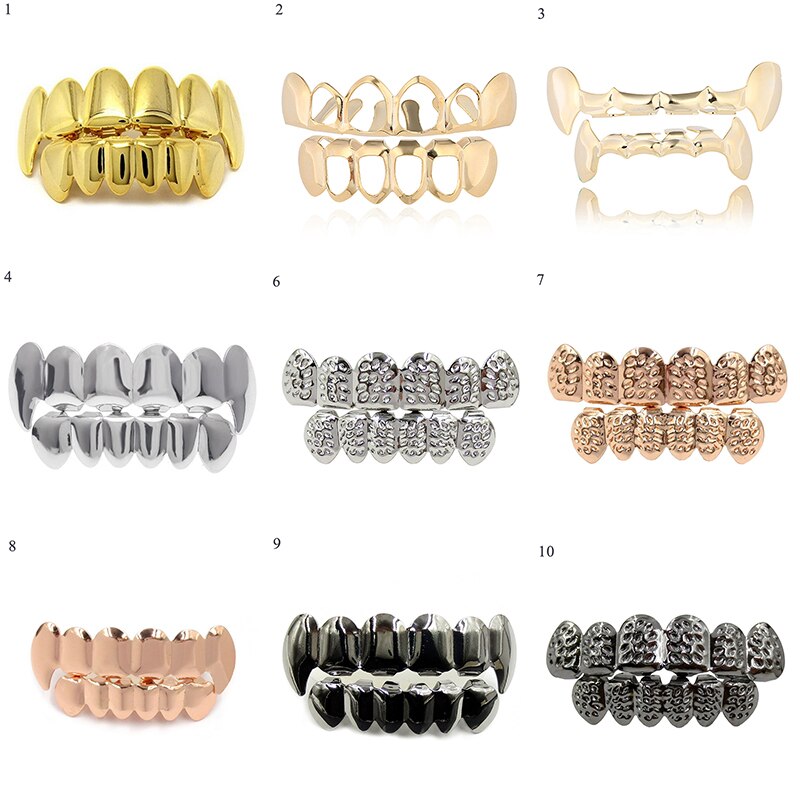 Hip Hop männer 6 Top & Bottom Zähne Gold Silber Farbe Falsche Zähne Grillz Set Bump Gitter Dental Grills für Frauen Körper Schmuck