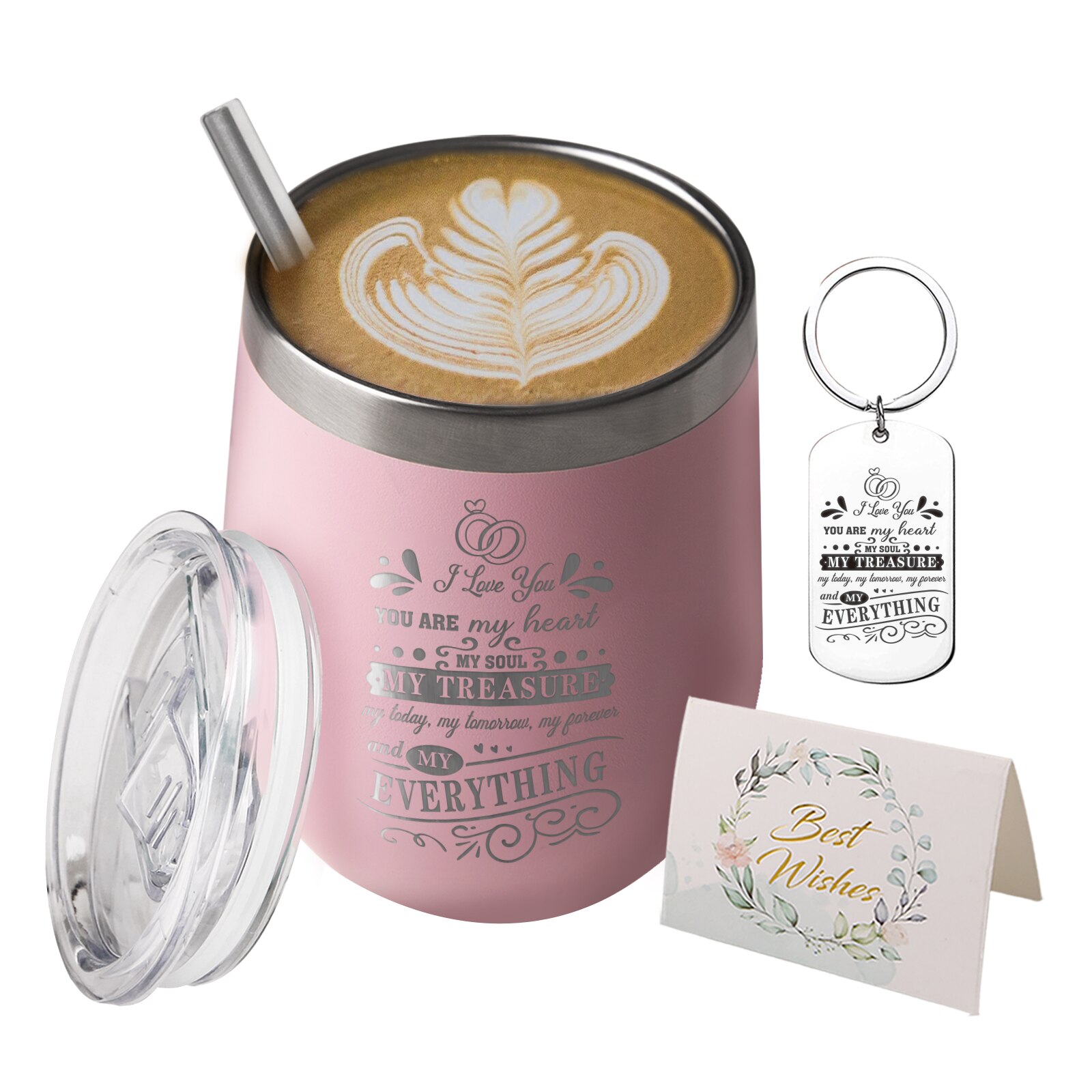 Taza Termo rosa de acero inoxidable con tapa y pajita, taza interesante, You Are My Heart, My treasure, impresión para compañero, 12oz