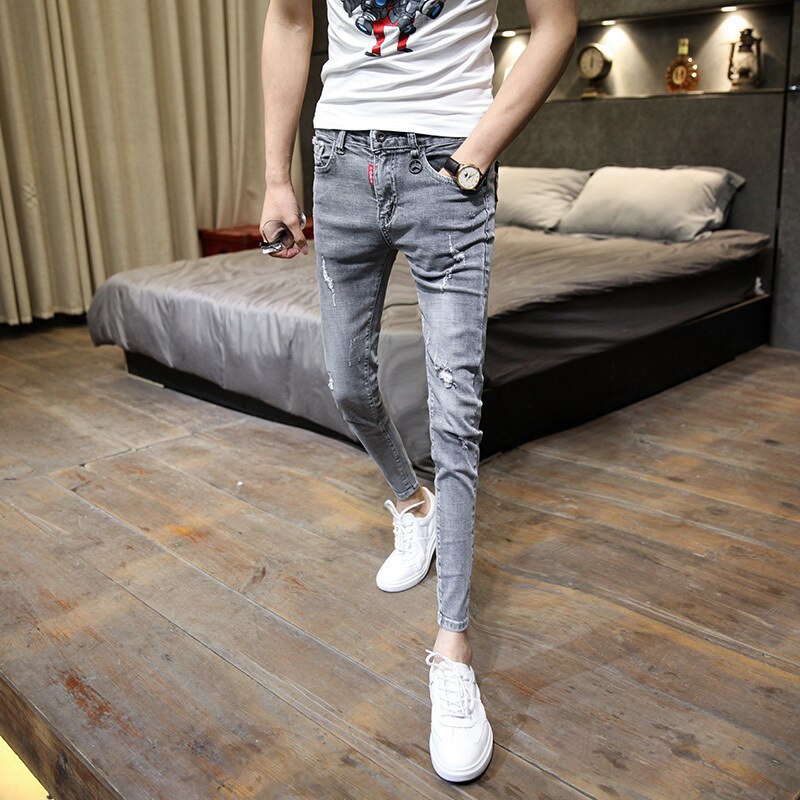 Sommer modisch männer gewaschen gerissen löcher knöchel länge hosen licht farbe füße hosen Koreanische dünne männer Denim Jeans