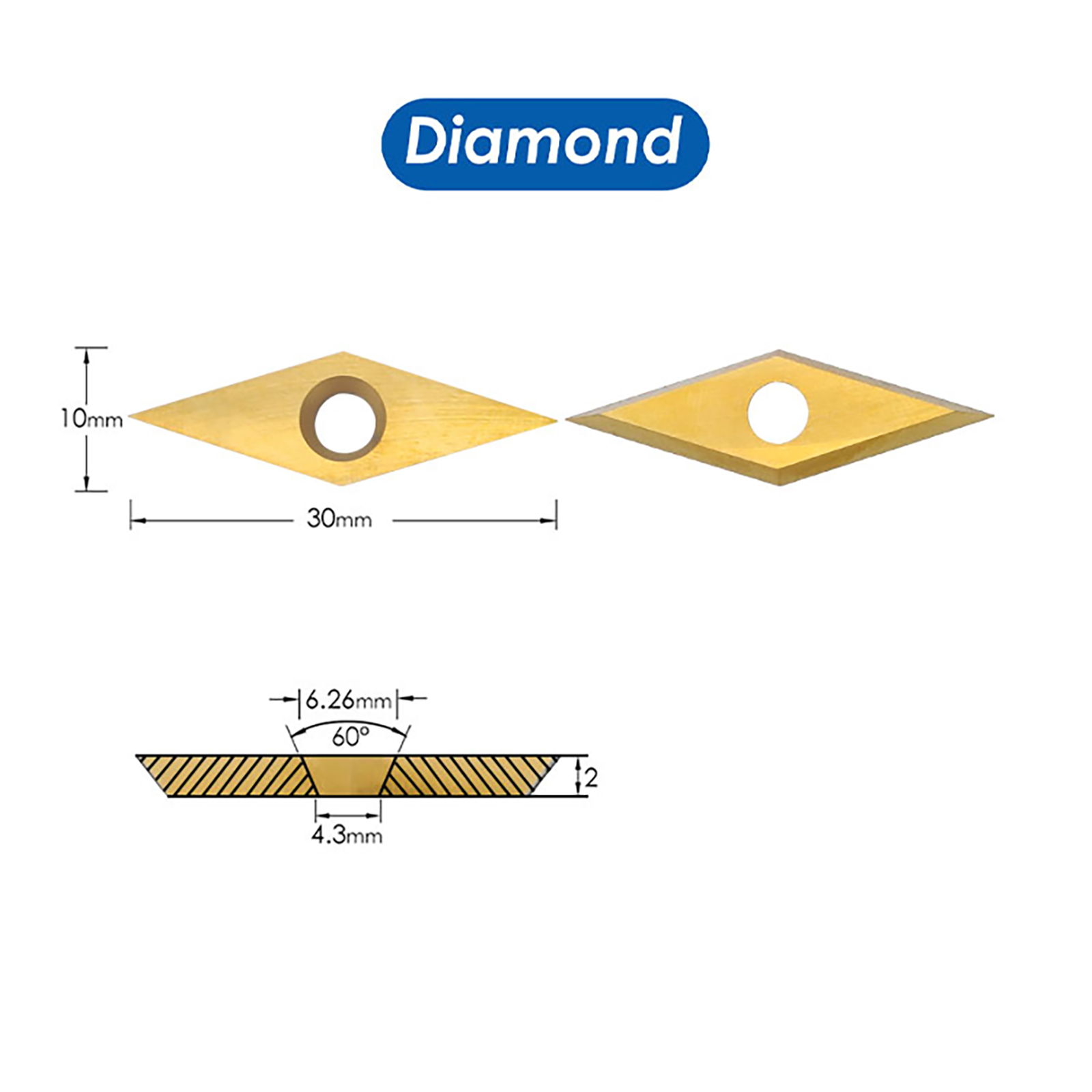 TASP 10 stuks titanium gecoate hardmetalen snijplaten voor houtdraaigereedschappen, diamant 10x30mm