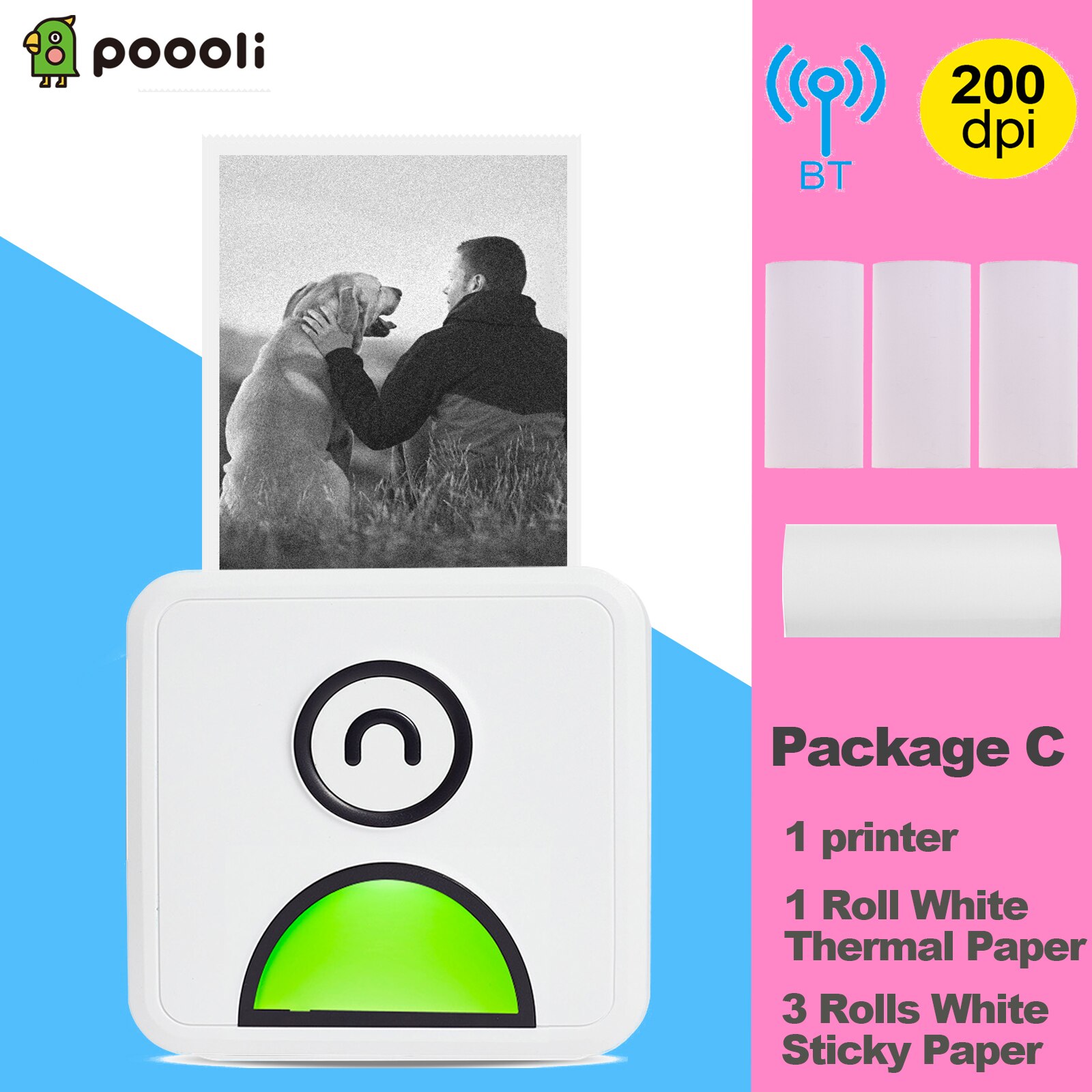 Poooli L1 Pocket Photo Thermal Printer 200dpi 58mm Wireless BT Memo Lists Printer for Printing Labels Photos Making Journals: Green Package C