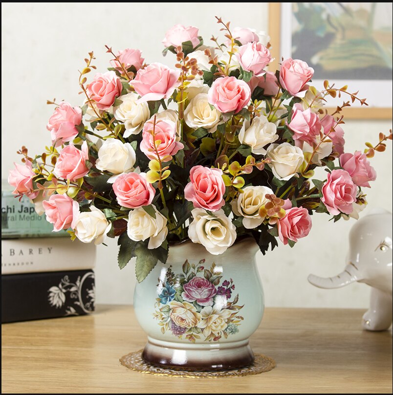 1set European artificial flower+vase living room home table wedding decor potted bonsai ornament silk flores +Ceramic vase: g1