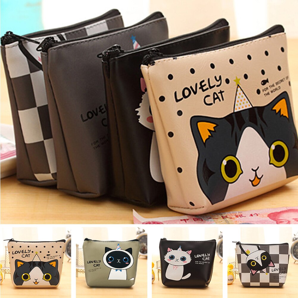 Vrouwenmeisje mini cartoon schattige kat portemonnee mini portemonnee muntzak pu leren dames clutch tas sleutelkaarthouder tas