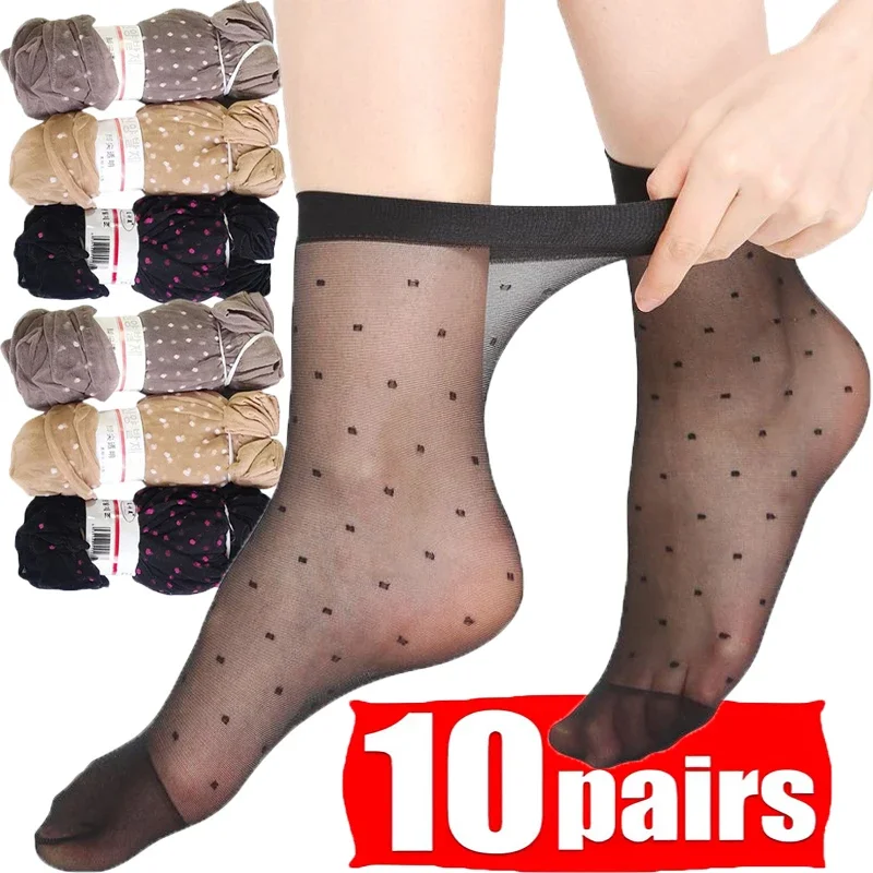 20 Stuks = 10Pairs Dot Zijden Sokken Vrouwen Transparante Dunne Ademende Zomer Nylon Korte Voorraad Vrouwelijke Antislip stretch Enkel Sexy Sok