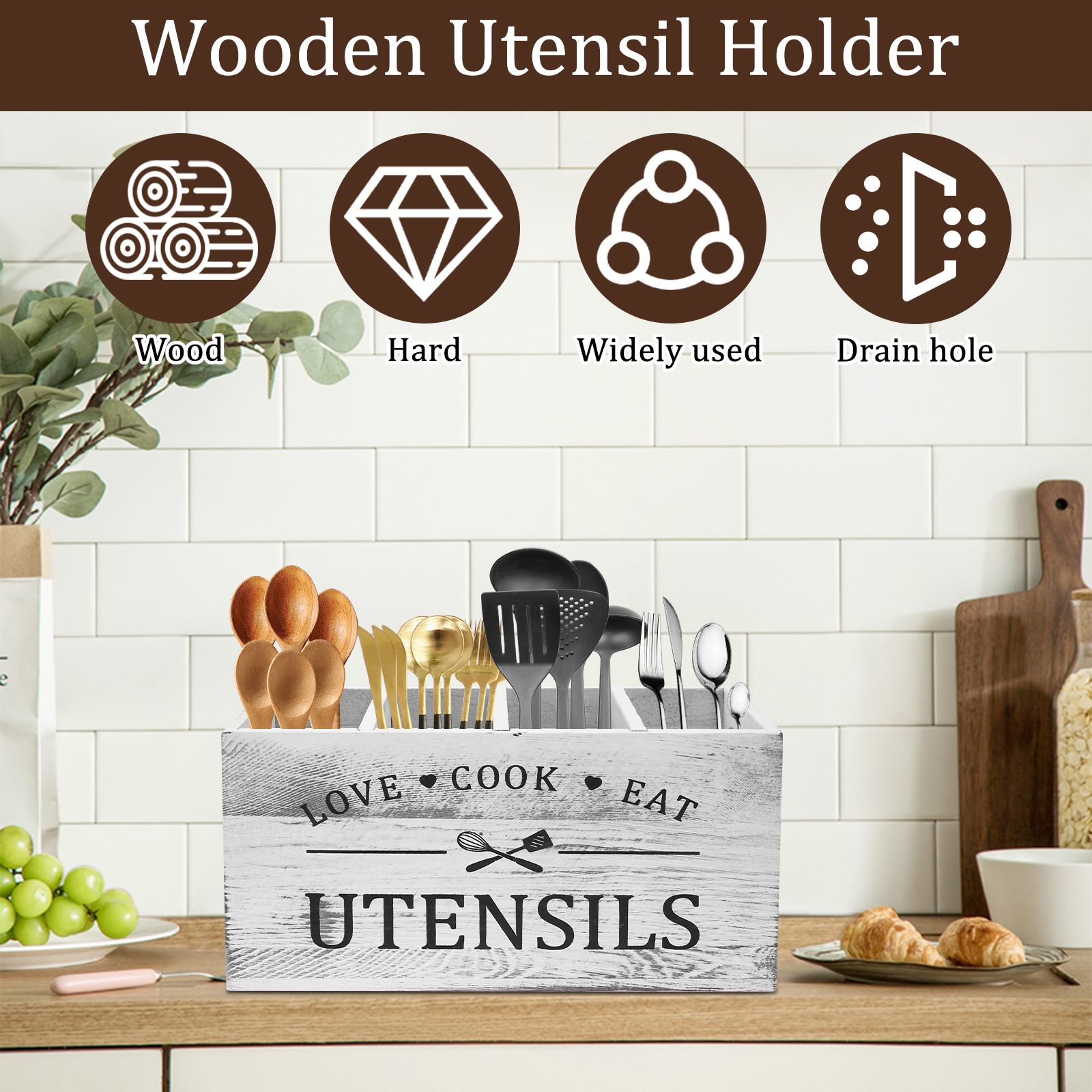 Træbestikholder til køkkenredskaber med 4 rum og drænbund til bestikopbevaring i køkkenet