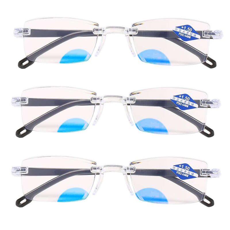 Rimless Cutting Progressive Bifocal Reading Glasses Women Men Anti-blue light Ultra-light Multifocal Presbyopia Eyeglasses 1.5: +350 / 3Pcs