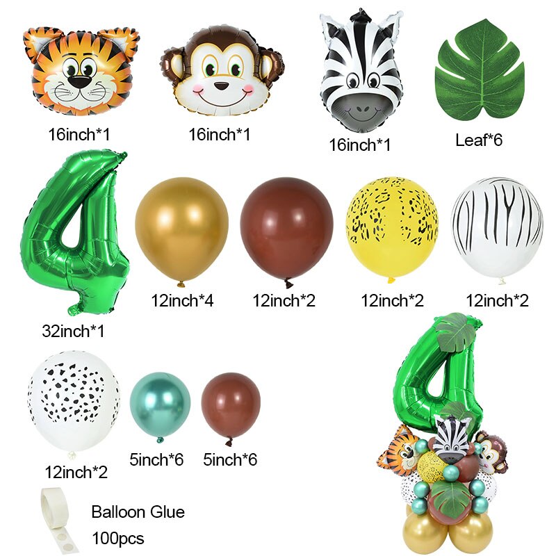 Conjunto de globos con número de animales de Safari para niños, decoración para de cumpleaños de 1 a 9 años, suministros para Baby Shower, 35 piezas: Number4 Set
