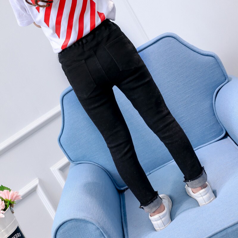 Ripped jeans til piger teenager forår slim børn denimbukser afslappet skinny skolebørnsbukser 4 -13 år