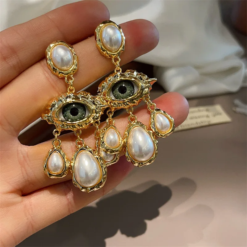 Pendientes largos de ojos grandes exagerados de estilo francés, pendientes de gotas de agua con perlas a la