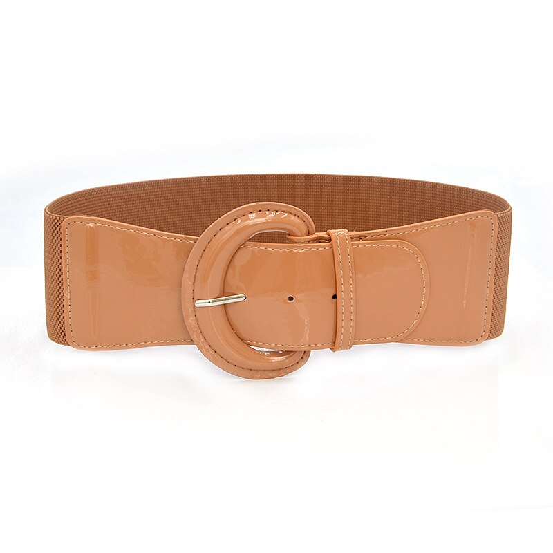 Pu lakleren damesriem, stevige tailleband, taillecorsetriemen, elastische cummerbunds, gespen in grote maten, brede riem: Kameel