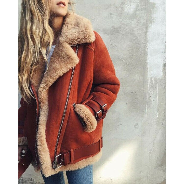 Herfst-Winter Vrouwen Jas Warm Hertenleer Kasjmier Rits Turn Down Kraag Jas Mode Vrouwelijke Lange Mouwen Streewear Jasje: ED00131RE / XXXL
