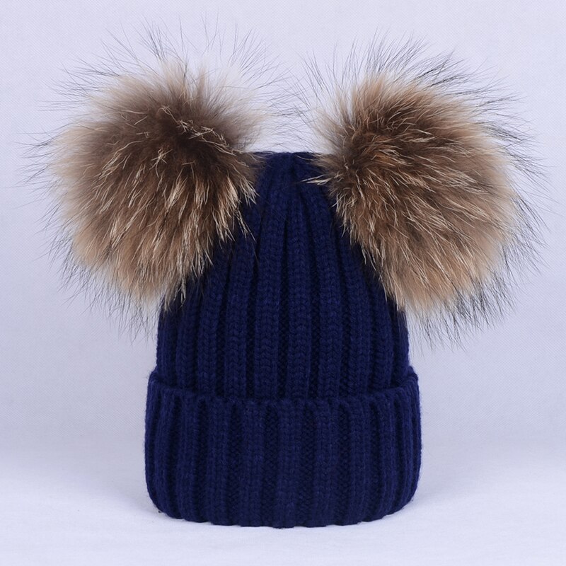Gorro de dos pompones peludos de invierno para niños, gorro bonito tejido para niñas y niños, gorro cálido de punto para Gorros de bebé, gorro cálido para niños: navy blue / child size(40-51cm)
