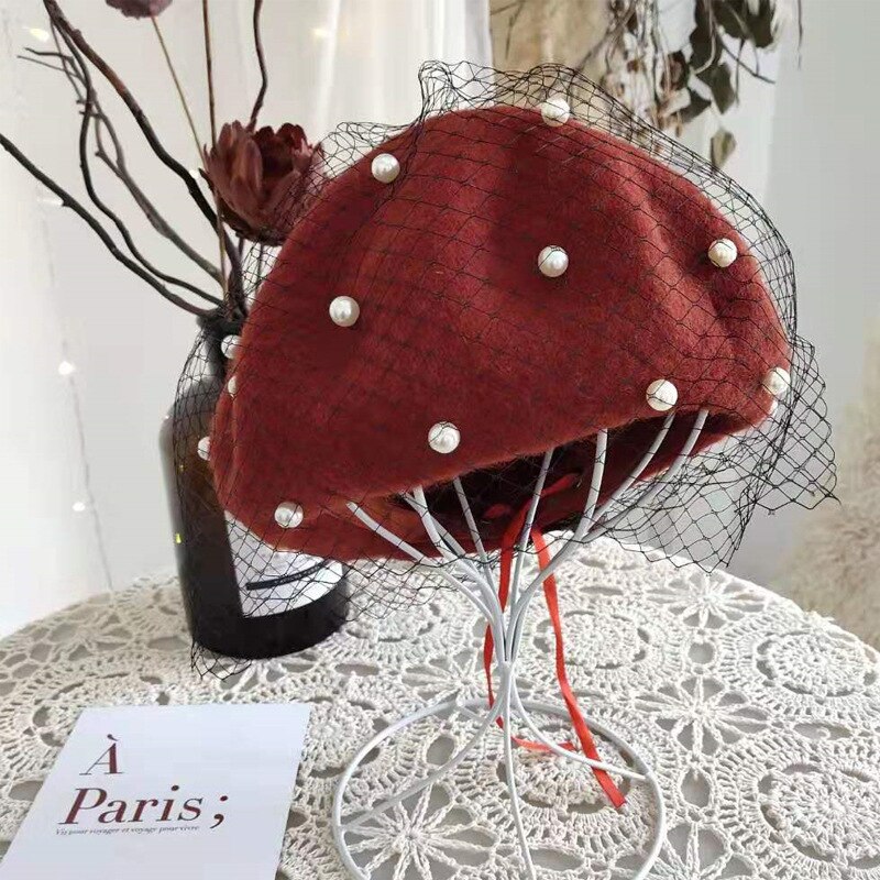 Lady Autumn Winter Berets Hat Pearl Lace Veil Painter Hat Women Sweet Vintage Berets Caps Female Bonnet Warm Walking Cap: 07