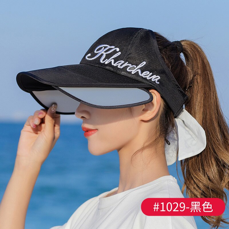 Hat Female Pull Board Sun Hat Sun-Proof Face Cover UV Protection Korean Wide Brim Cycling Sun Topless Hat Summer: Black