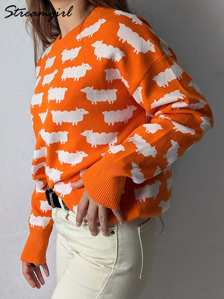 Høstlig søt posete genser med trykk til dame varm o-hals overdimensjonert gensere strikkede røde løse gensere dame grønn genser