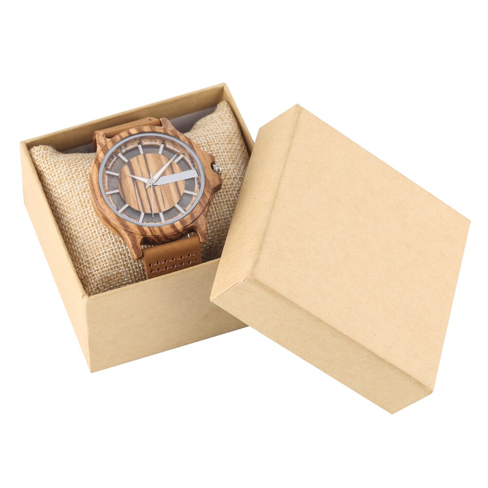 Ebony wood ur herre gennemsigtig hul urskive træure analogt ur vintage quartz armbåndsur reloj de madera: Brun med æske