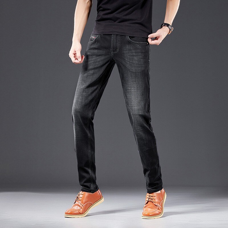 Herfst klassieke stijl zwarte stretch jeans heren business casual katoenen slim-fit denim broek heren merk broeken