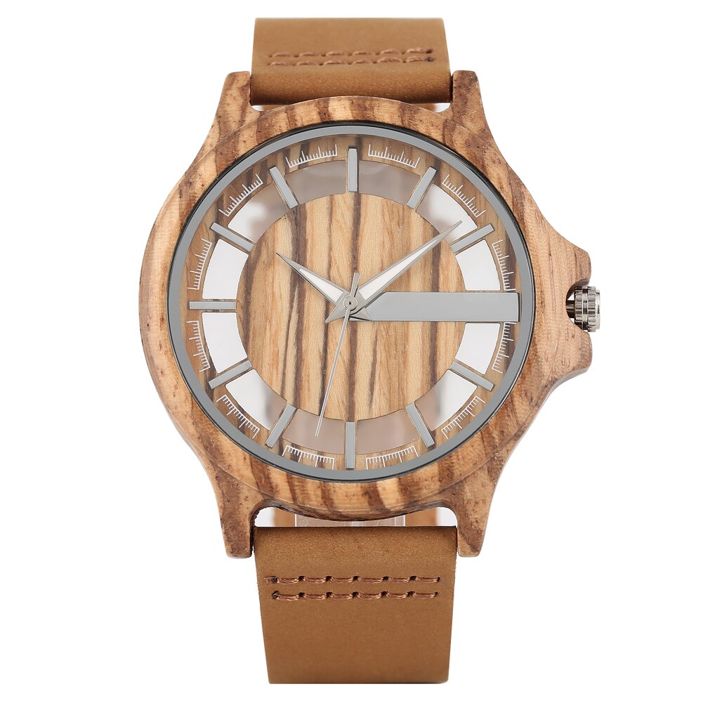 Ebony wood ur herre gennemsigtig hul urskive træure analogt ur vintage quartz armbåndsur reloj de madera: Brun