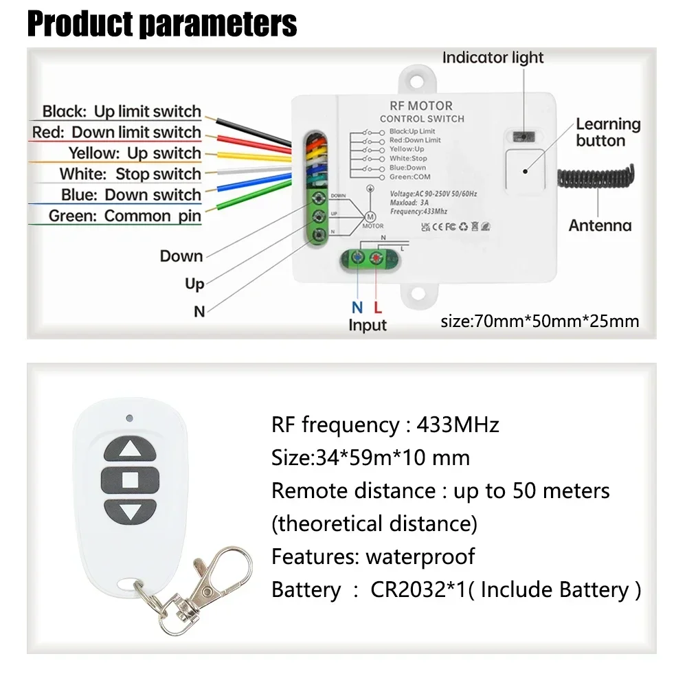433mhz Wireless Remote Control Switch AC 110V 220V Roller Shutter Motor Receiver Rf Transmitter Limiter switch for Garage Door