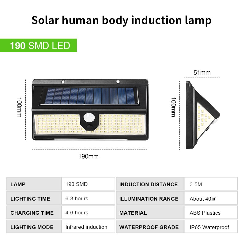 190 Led Solar Lamp Outdoor Pir Motion Sensor Solar Wandlamp Waterdichte Driezijdige Verlichting Emergency Tuin Yard Lampen