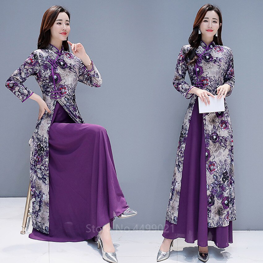 Ao Dai – robe de mariée élégante pour femmes, tenue de Style vietnamien, Cheongsam Qipao, imprimé Floral violet, Slim, grande taille