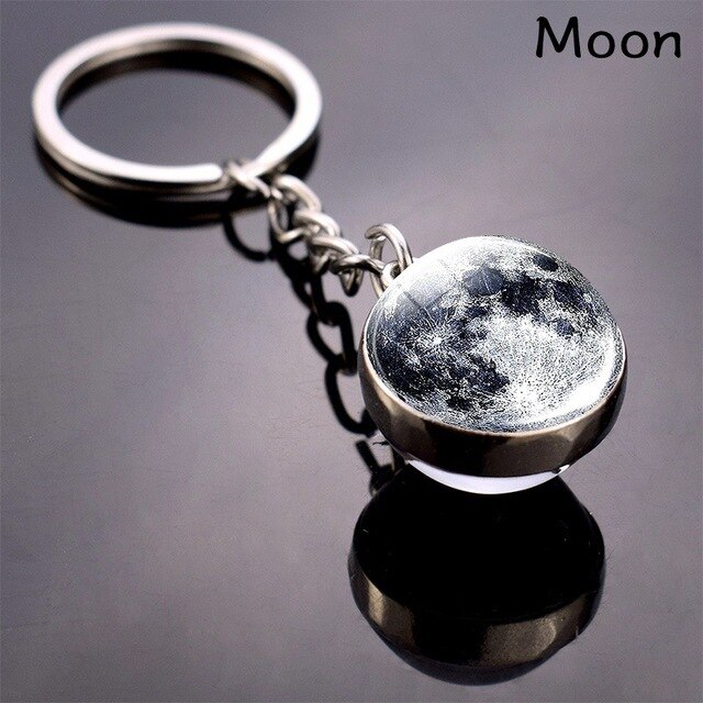 LLavero de planeta con sistema Solar para coche, llavero de galaxia, nebulosa, Luna, tierra, Sol, Marte, imagen artística, bola de cristal de doble cara: moon