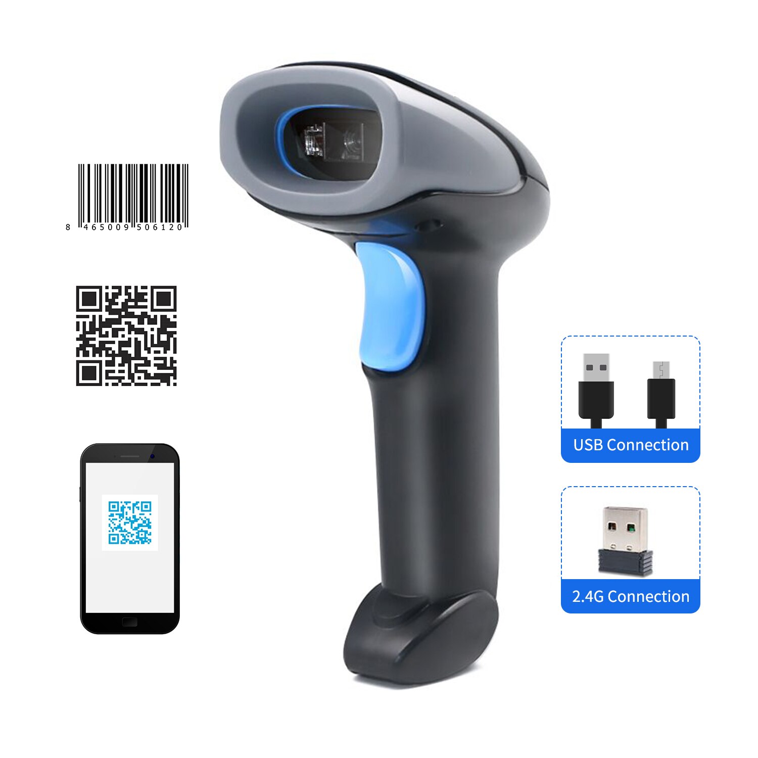 Aibecy 2.4G Wireless Handheld Barcode Scanner & USB Wired Bar Code Reader 1D/2D/QR Code Scanner for Supermarket Retail Library