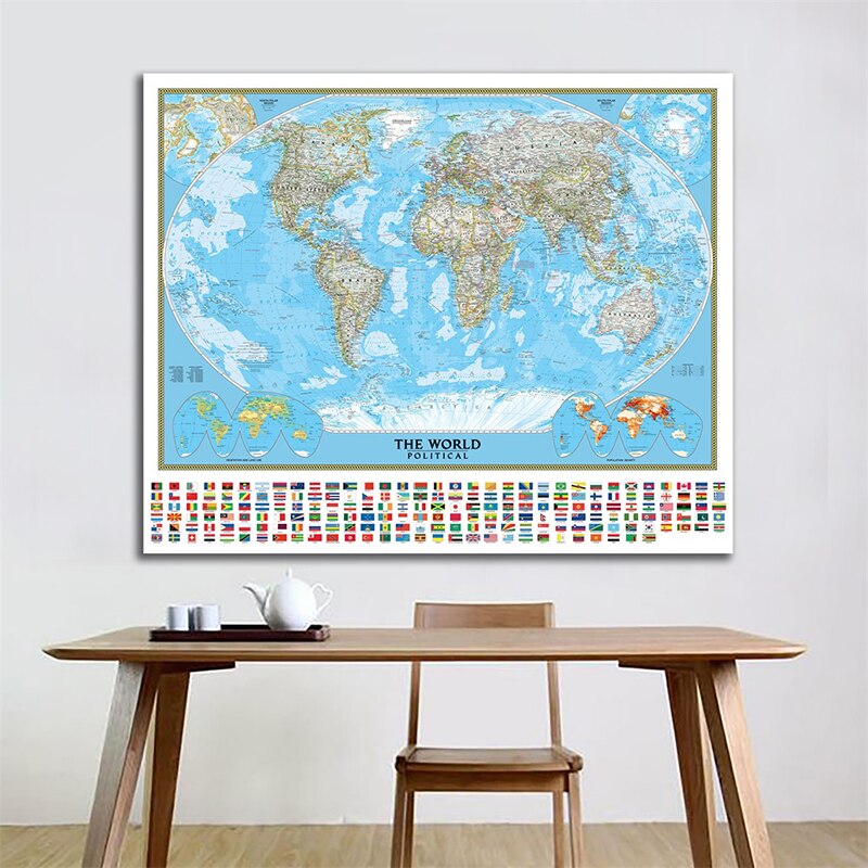 150x100cm World Political Map with Vegetation Cover and Population Density Goode Projection World Map Wall Sticker for Education