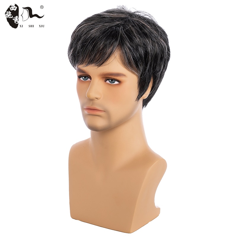 XISHIXIU HAIR Short Men Wig Straight Synthetic Wig for Male Hair Fleeciness Realistic Ombre Grey Wigs