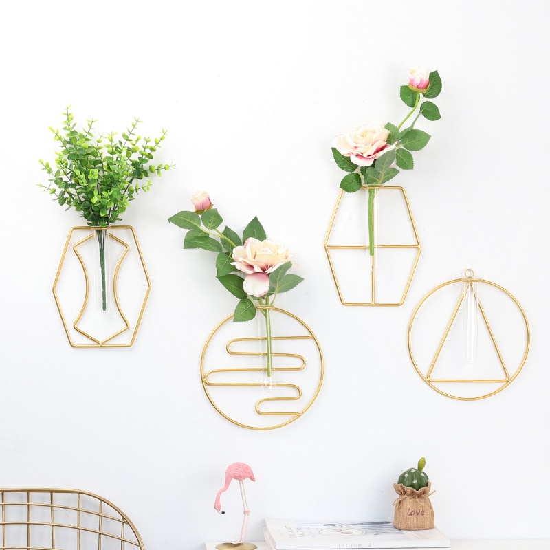 Metallramen blomvas växt glas hängande glasvas hem vas guldvas liten vas för dekor provrör för blommor