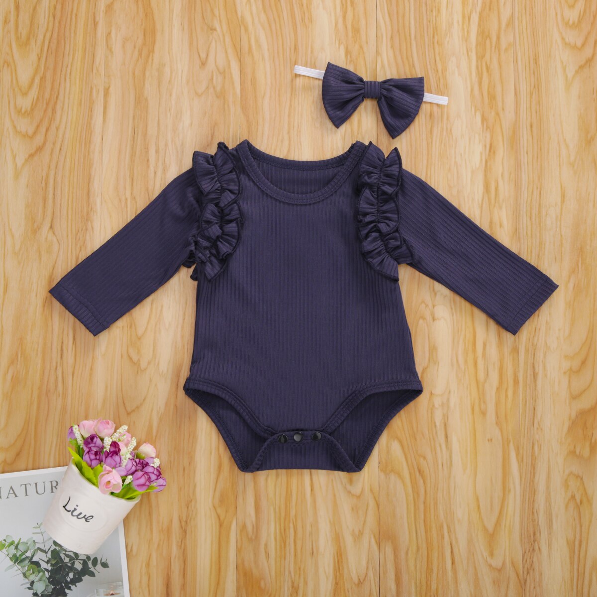 Focusnorm Herfst Baby Meisjes Jongens Bodysuits Hoofdband Ruches Lange Mouwen Knit Solid Jumpsuits 2 Stuks 5 Kleuren