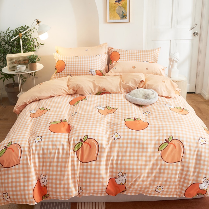 3/4Pcs Kawaii Beddengoed Sets Leuke Perzik Laken Set Met Kussensloop Voor Meisje Beddengoed Set Twin volledige Queen King Size Dekbedovertrek
