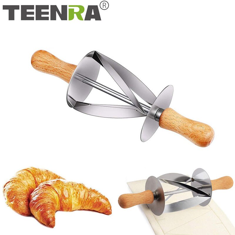 Teenra Rvs Croissant Cutter Roller Wiel Deeg Mes Houten Handvat Gebak Mes Keuken Bakken Tools