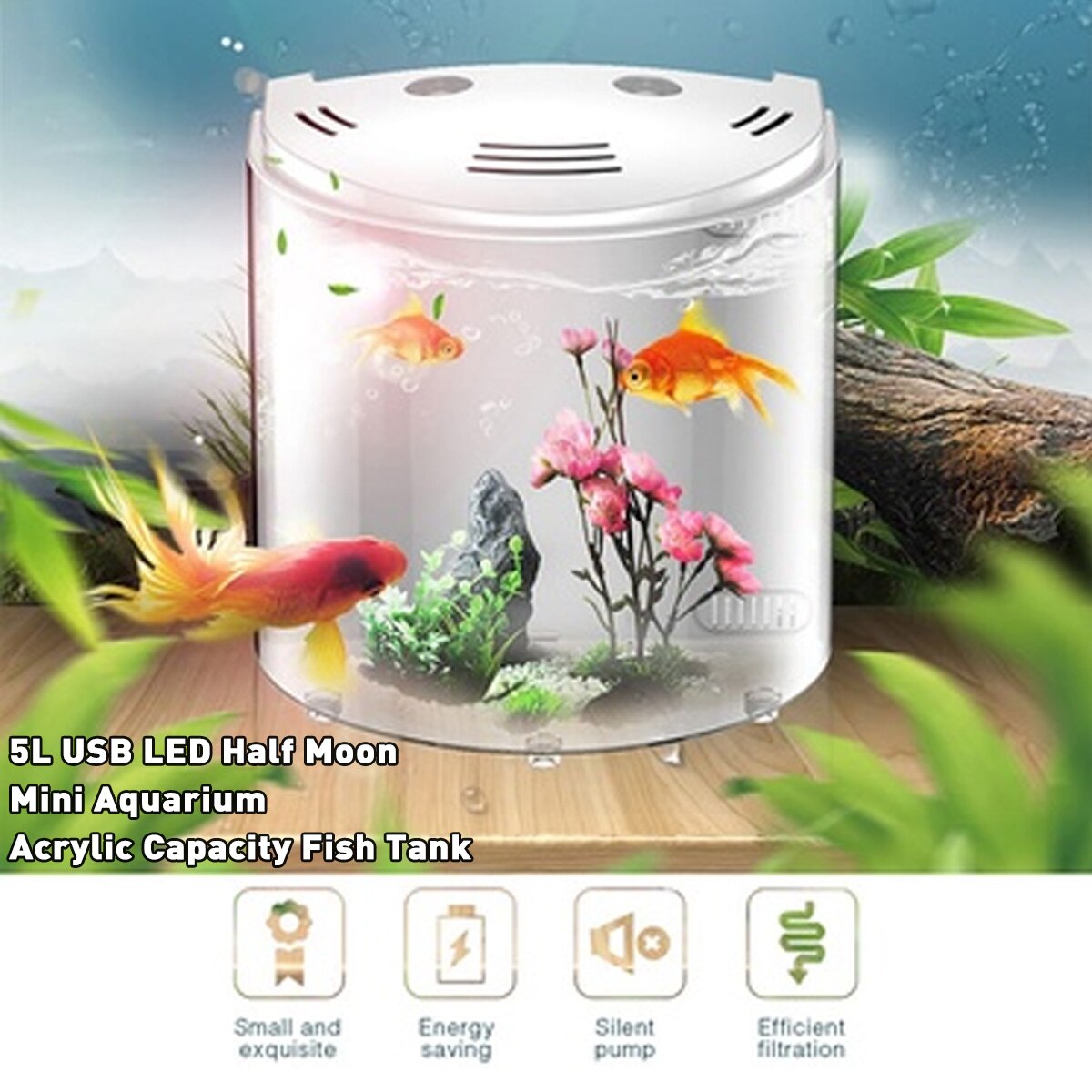 5L Mini Aquariums USB LED Fish Tank Half Moon Aquarium Acrylic Large Capacity Home Office Desktop Aquatic Fish Pet Supplies