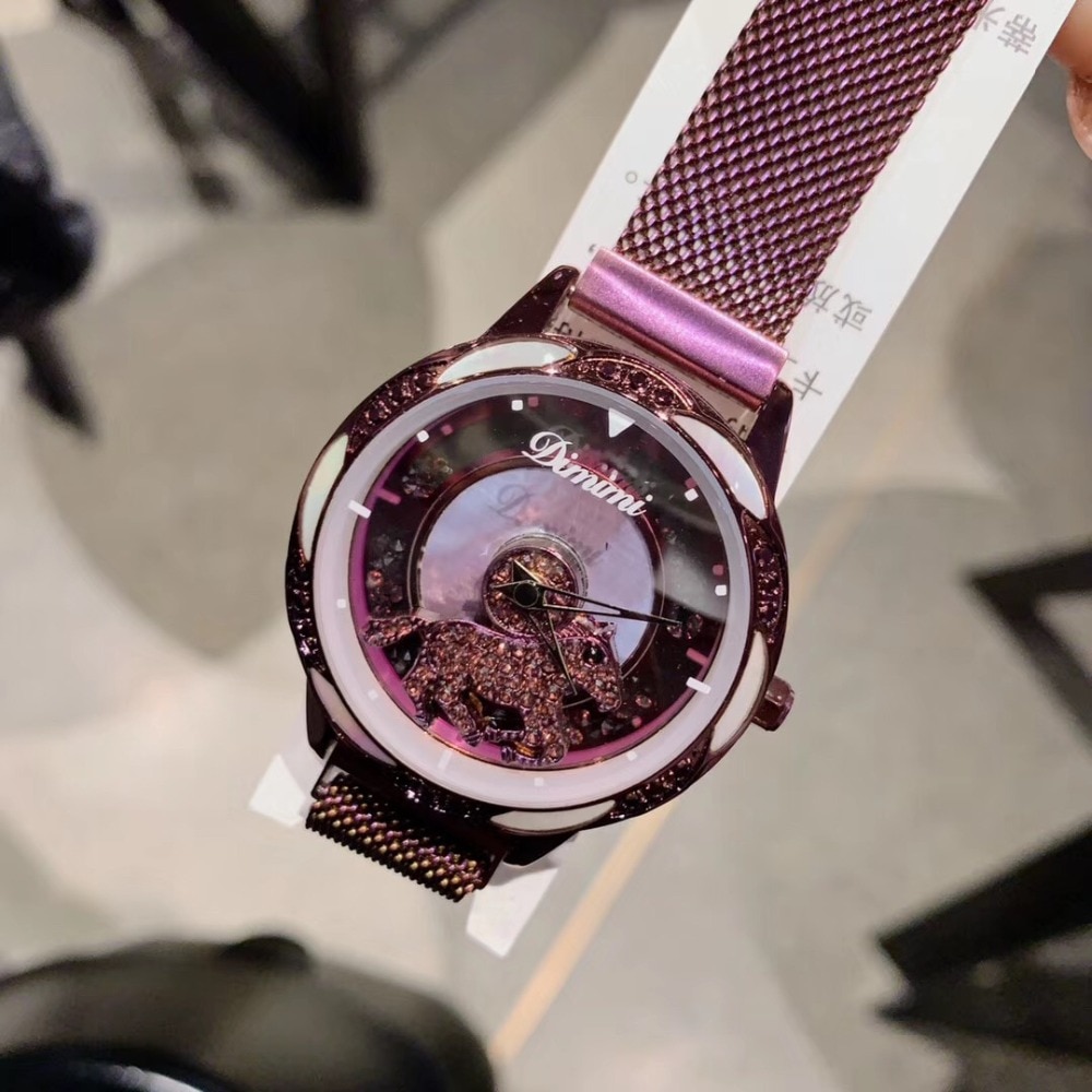 Brand GELUK Roterende Paard Horloges voor Vrouwen Kristallen Spinning Dier Horloge Untra Dunne Milanese Armband Horloge